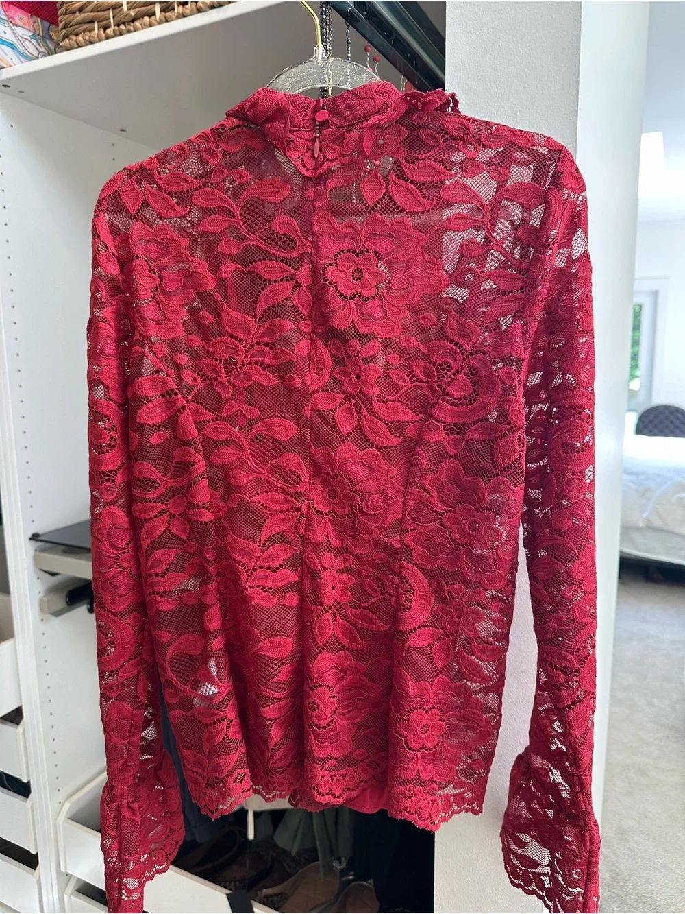 J. Crew Red Lace Pintuck High-Neck Blouse